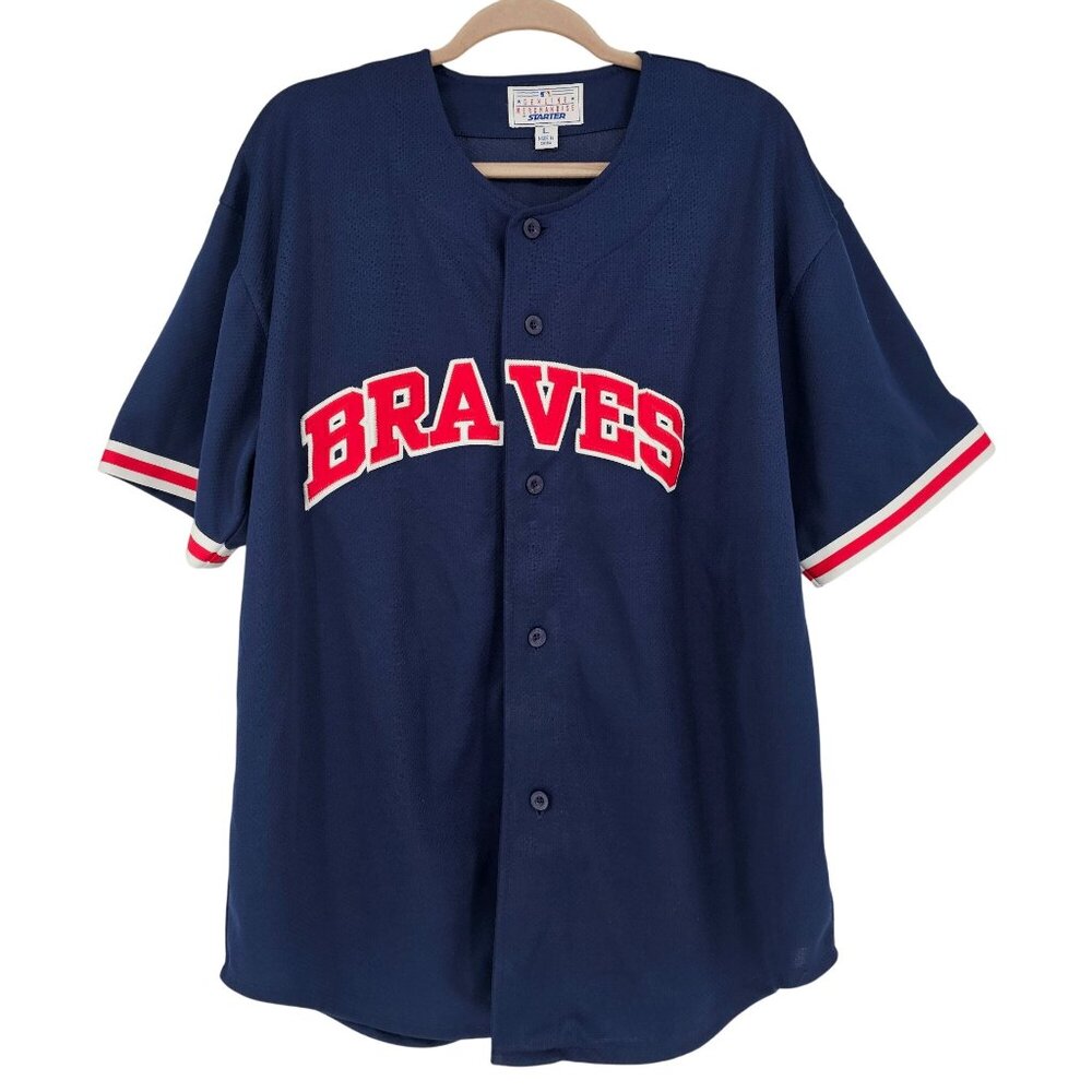 Vintage Starter Atlanta Braves Mesh Jersey L‎ MLB Snap Front Navy 90s Baseball